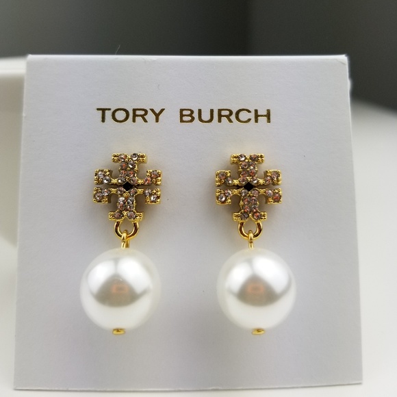 Tory Burch Jewelry - Tory Burch Crystal Pearl Logo Drop Earrings